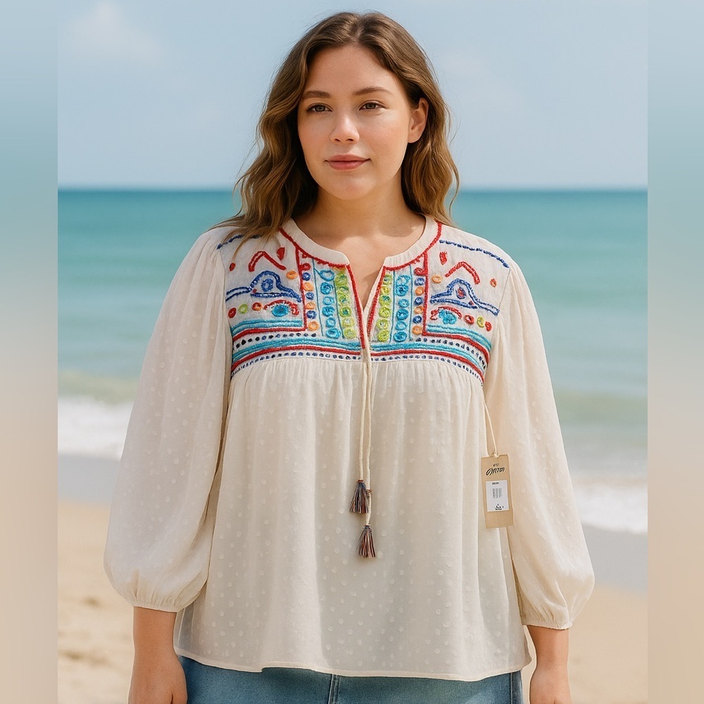 Context Cream Embroidered Peasant Blouse with Multicolor Yoke